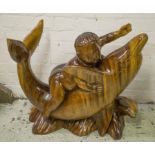 SCULPTURE, carved hardwood in the form of a child and dolphin, 62cm H x 72cm L x 27cm W.