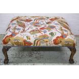 HEARTH STOOL, Georgian style in foliate patterned material on cabriole legs,