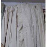 CURTAINS, a pair, cream, lined, each curtain 135cm W gathered x 301cm D.