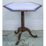 TRIPOD TABLE, Empire style mahogany and brass mounted with inset hexagonal white marble tilt top,