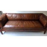 SOFA, 1970's, Danish style, mid brown leather upholstered, 202cm W.