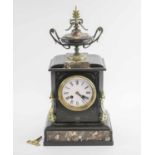 MANTEL CLOCK, late Victorian marble and brass mounted with urn surmount and enamelled dial,