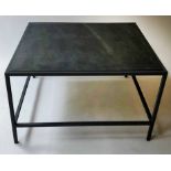 LOW TABLE, square slate top, raised upon square section stretchered frame, 88cm W x 51cm H.