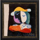 PABLO PICASSO 'Portrait of a Reclining Woman', textile, 42cm x 42cm, framed and glazed.