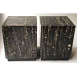 CUBE LAMP TABLES, a pair, glazed faux marble in gold, grey and black, of cube form,