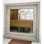 WALL MIRROR, Indian grey painted, with square carved pendant frame, 120cm sq.
