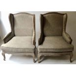 BERGERES, a pair, Louis XV style limed oak framed and taupe linen upholstered, 83cm W.