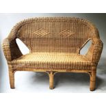 WICKER SOFA, woven wicker two tone with lozenge pattern decoration, 119cm W.