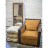 ARMCHAIR, ebonised oak in copper brown fabric, 75cm W, a cream and floral stool on castors,