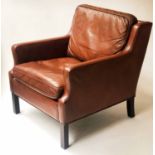 DANISH ARMCHAIR, 1970's, grained, mid brown leather upholstery, with back and seat cushions, 71cm W.