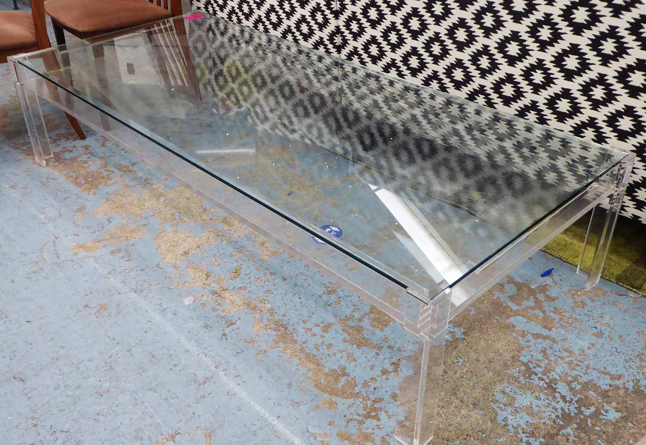 LOW TABLE, contemporary glass and perspex design, 185.5cm x 81.5cm.