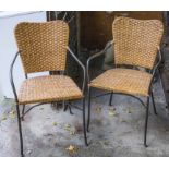 CONSERVATORY CHAIRS, a set of four, black metal and wicker, 53cm W.