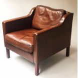 DANISH ARMCHAIR, 1970's, grained, mid brown leather upholstery, with back and seat cushions, 73cm W.