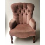 SLIPPER CHAIR, Victorian style dusty pink velvet with turned front supports, 63cm W.