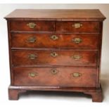 CHEST, early 18th century Queen Anne figured walnut with two short above three long drawers,