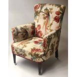 ARMCHAIR, early 20th century, Bird of Paradise upholstery, with square section tapering supports,