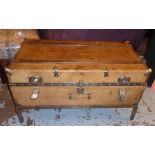 TRAVELLING TAN LEATHER TRUNK, enclosing three sliding trays on an associated metal stand,