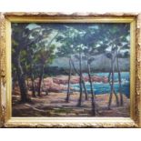 20th CENTURY SCHOOL 'Pine Trees on a Lakeside', oil on board, 31cm x 40cm, framed.