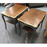 SIDE TABLES, a pair, French Provincial design, with grey painted bases,