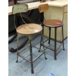 VINTAGE WORK STOOLS, two, of differing design, 95cm at highest.
