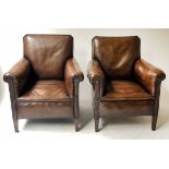 CLUB ARMCHAIRS, a pair, early 20th century, club style, hand dyed and studded leaf brown leather,