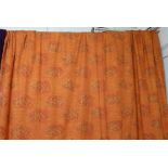 CURTAINS, a pair, Designers Guild orange and gold patterned, lined and interlined,
