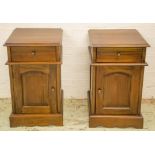 BEDSIDE CABINETS, a pair, hardwood, each with drawer and door, 66cm H x 40cm W x 39cm D.