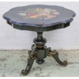 LOW TABLE, 19th century style black lacquer and floral painted with shaped circular top,