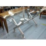 TABLE, Industrial style, the glass top on tubular metal supports, 160cm L x 80cm D x 77cm H.
