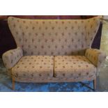 SOFA, mid 20th century Danish design, oak in original brown patterned upholstery,