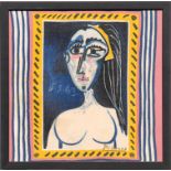 PABLO PICASSO 'Portrait of a Woman', textile, 42cm x 41cm, framed and glazed.