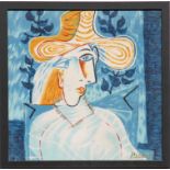 PABLO PICASSO 'Portrait of a Woman in Hat', textile, 42cm x 42cm, framed and glazed.