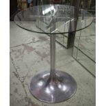 SIDE TABLE, Timothy Oulton style, aluminium with circular glass top, 72cm H x 63cm.