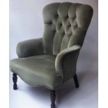 SLIPPER ARMCHAIR, Victorian style, sage green velvet, with deep button back upholstery, 62cm W.