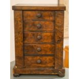 TABLE TOP WELLINGTON CHEST, mid Victorian burr walnut with five drawers and enclosing stiles,