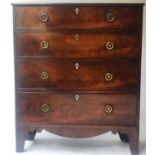 HALL CHEST, Regency flame mahogany of adapted shallow proportions with four long drawers,