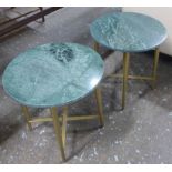 SIDE TABLES, a pair, 1950's French style, marble tops, 43cm diam x 44cm H.