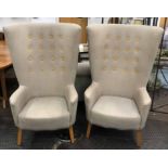 DEADGOOD LOVED UP ARMCHAIRS, a pair, with yellow button back grey linen upholstery,