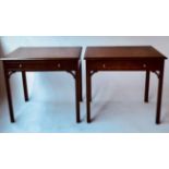 SIDE TABLES, a pair, George III design walnut and satinwood inlay each with frieze drawer,