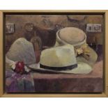 ELIZABETH GARDINER 'Hats', oil on canvas, signed, 24cm x 30cm, framed.