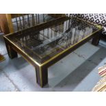 COCKTAIL TABLE, vintage 1970's, smoked glass with brass accents, 141cm x 81cm x 36cm.
