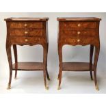 BEDSIDE CHESTS, a pair, French transitional design walnut, foliate marquetry and gilt metal mounted,