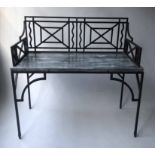 CONSOLE TABLE, French Art Deco wrought iron with variegated grey white marble top,