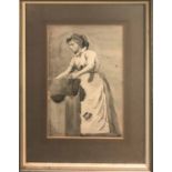 MANNER OF WINSLOW HOMER 'Girl with Washing Bowl', monochrome watercolour, 24cm x 15cm, framed.