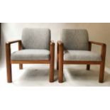 ARMCHAIRS, a pair, 1970's teak re-upholstered in grey herringbone weave cotton, 67cm W.