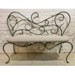 HALL BENCH, Art Nouveau design scrollwork verdigris iron frame with linen upholstered seat,