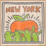 KEITH HARING 'New York', signed in the plate textile, 130cm x 125cm, framed and glazed.