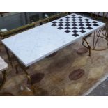 MAISON JANSEN STYLE GAMES LOW TABLE, gilt metal base with lion paw feet, marble inlaid top,