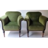 ART DECO ARMCHAIRS, a pair, sage green velvet each with mahogany and ebonised supports.