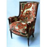 ELBOW CHAIR, Empire style mahogany and gilt metal mounted with claret tapestry patterned upholstery.